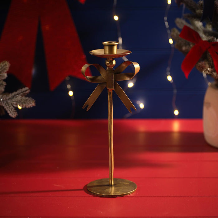 LANGS Merry Little Bows Iron Brass Bow Large Candlestick 27cm