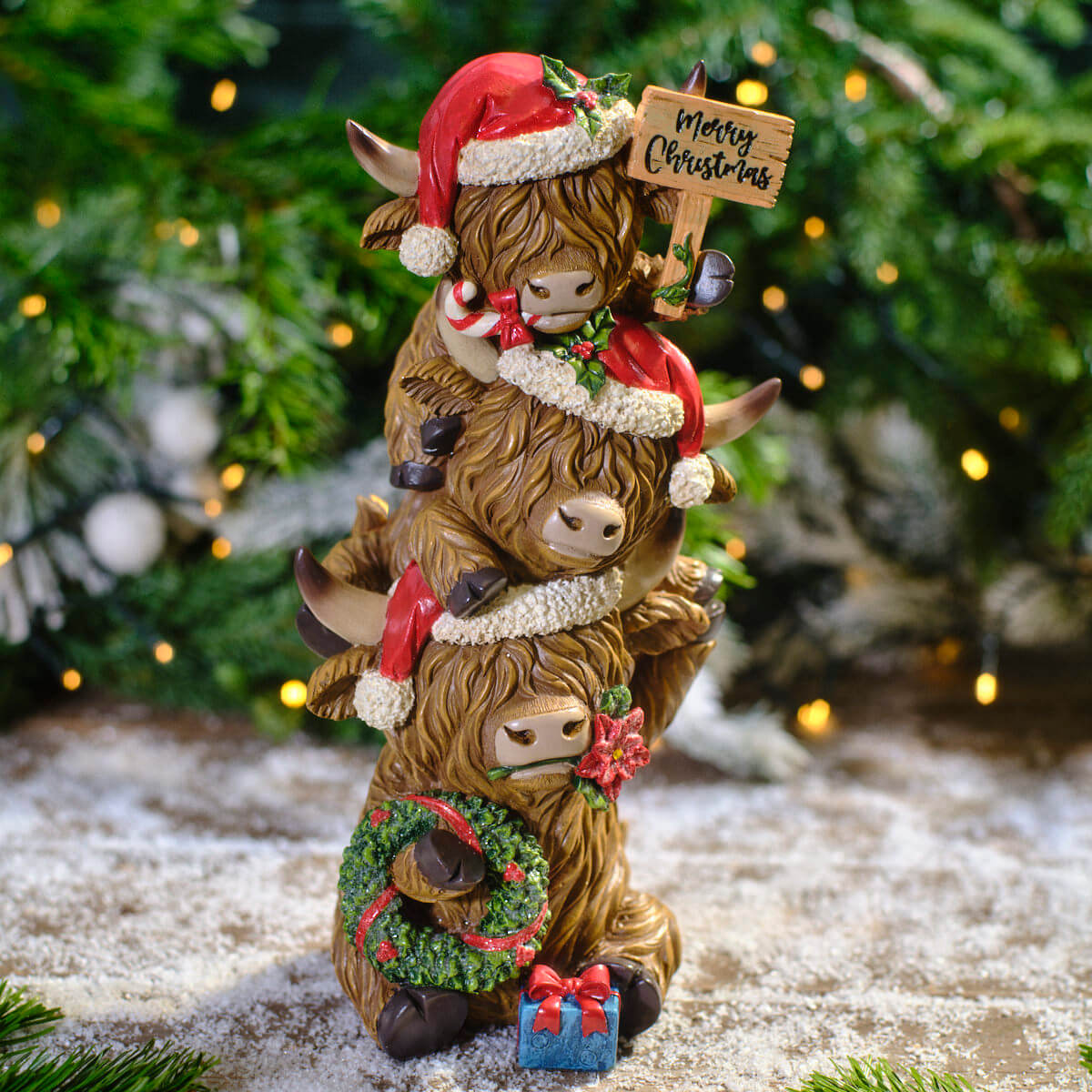 LANGS Highland Cow Triple Stack Christmas Figurine 32.5