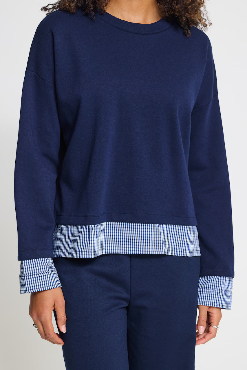 ICHI Pinda Mix Gingham Trim Layered-Look Sweatshirt - Navy