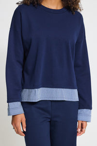 ICHI Pinda Mix Gingham Trim Layered-Look Sweatshirt - Navy