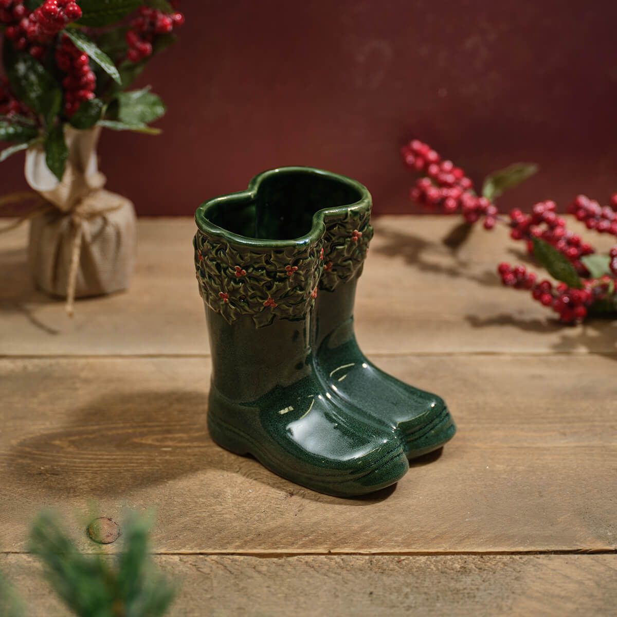 LANGS Christmas Holly Green Welly Boot Planter 15.5cm