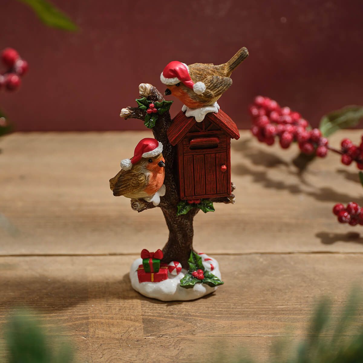 LANGS Robin Pair On Holly Tree Christmas Ornament 18cm