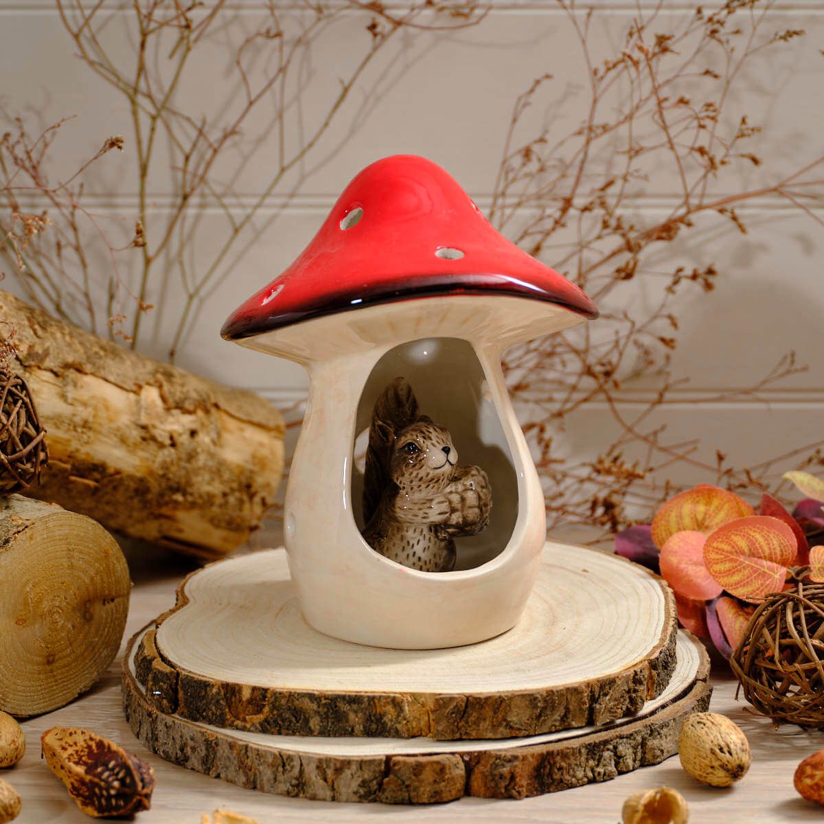 LANGS Mushroom with Squirrel Ceramic Ornament 21.5cm