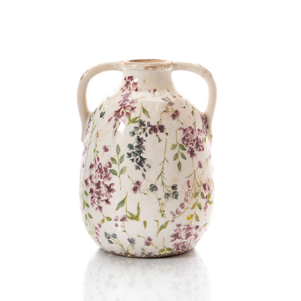 LANGS Distressed Decorative Floral Urn With Handles 21cm