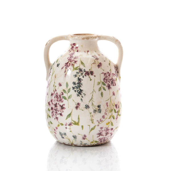 LANGS Distressed Decorative Floral Urn With Handles 21cm