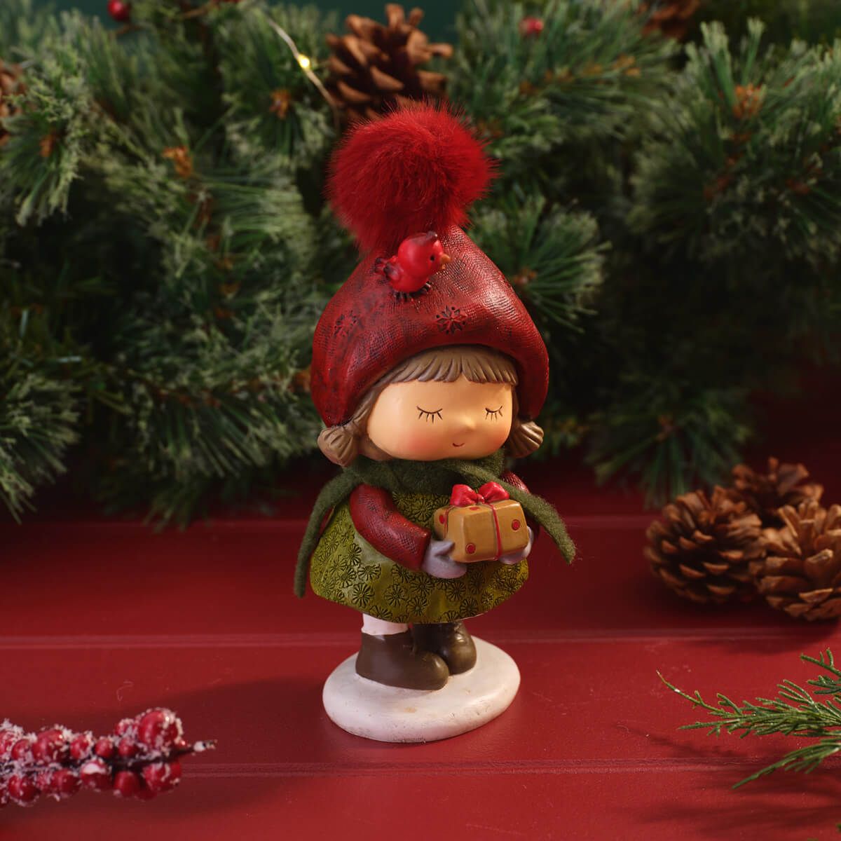 LANGS Woodland Noel Girl Holding a Gift Figurine