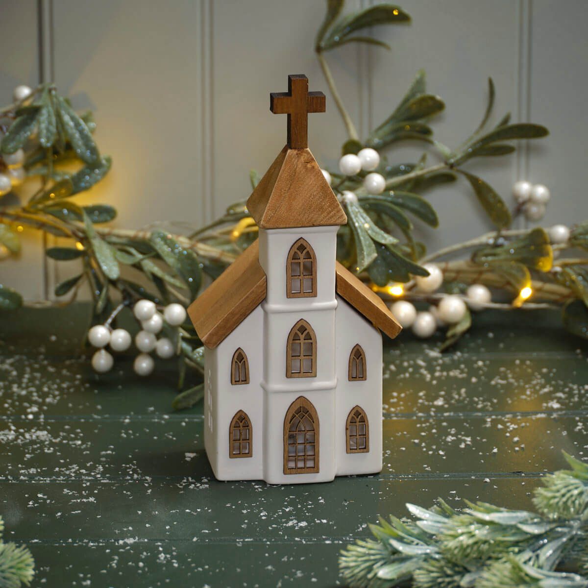 LANGS Love at Christmas Ceramic and Wood LED Church 23cm