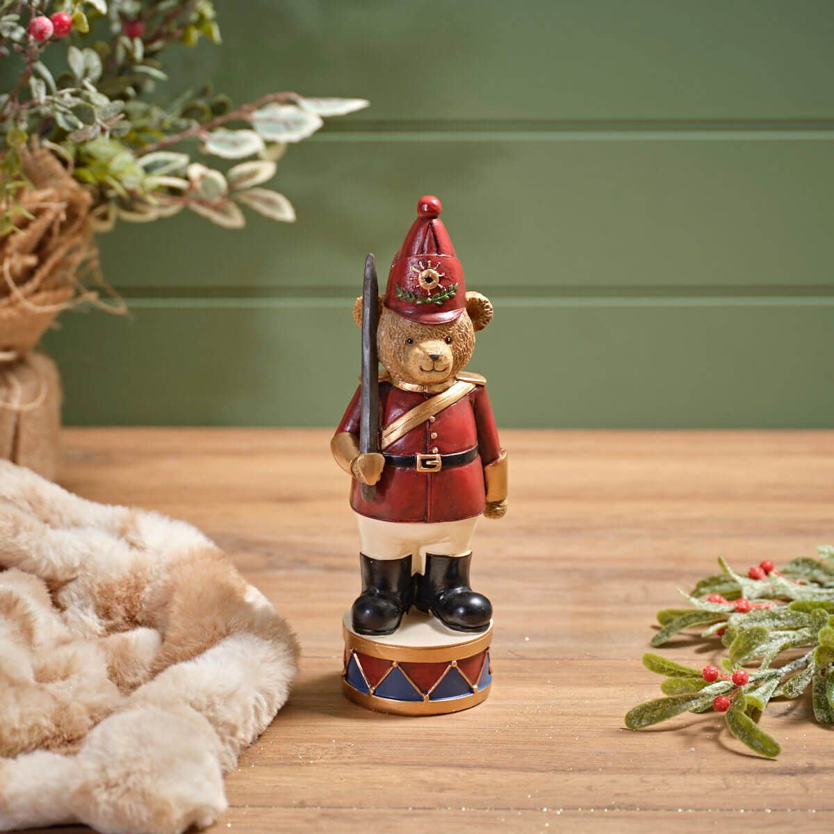 LANGS Bear Soldier on Drum Resin Figurine 25cm