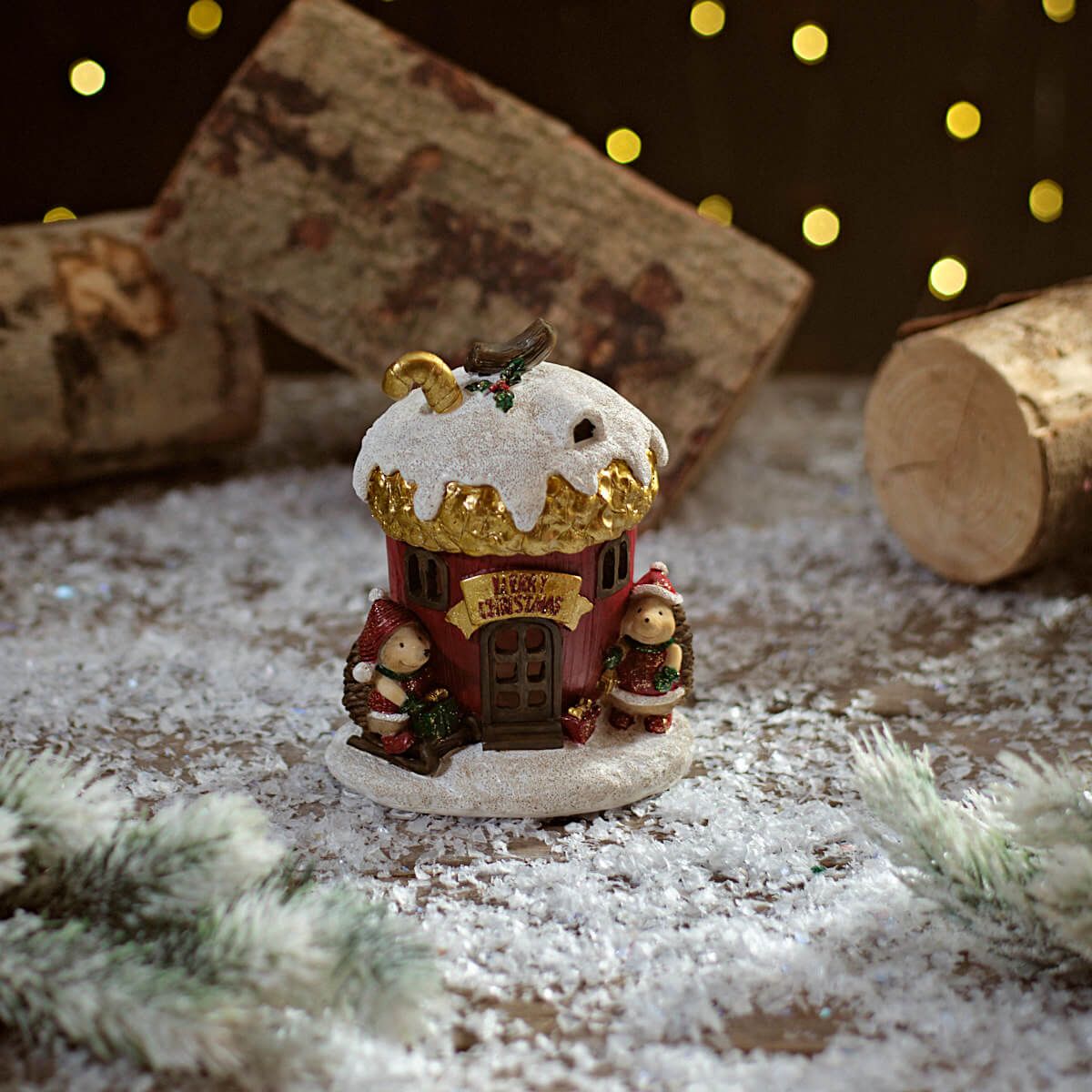 LANGS Christmas Frosted Forest LED House With Hedgehogs 14cm