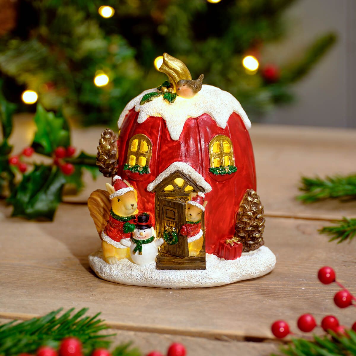 LANGS LED Festive Robin and Squirrels House 13.5cm