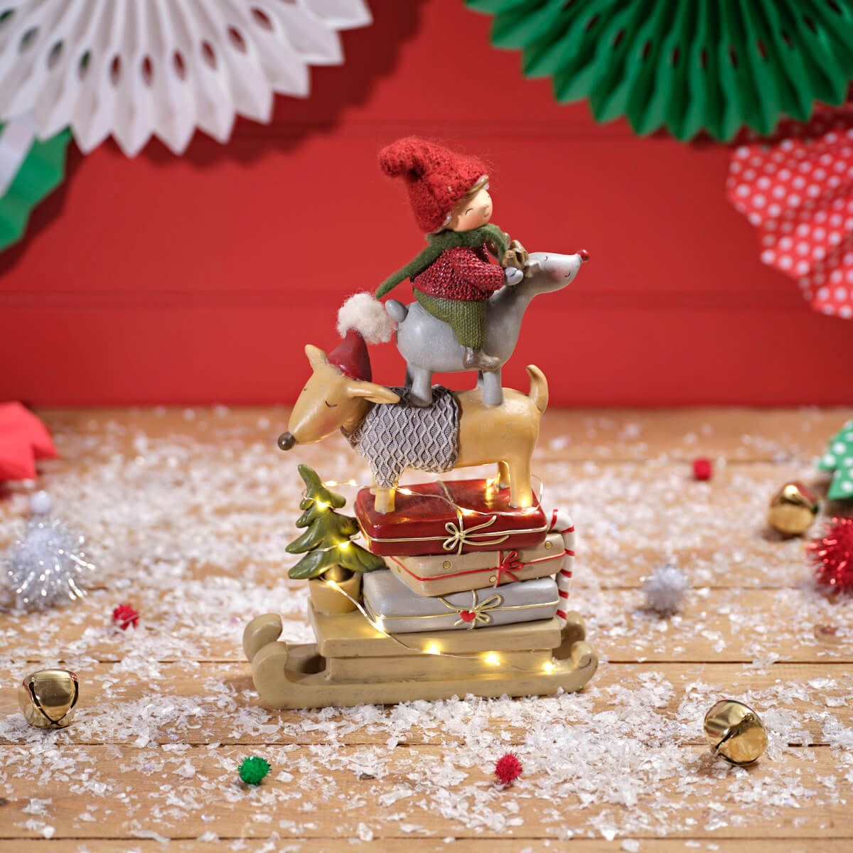 LANGS Furry & Festive LED Dog, Girl and Reindeer Stacked Figurine 26.5cm