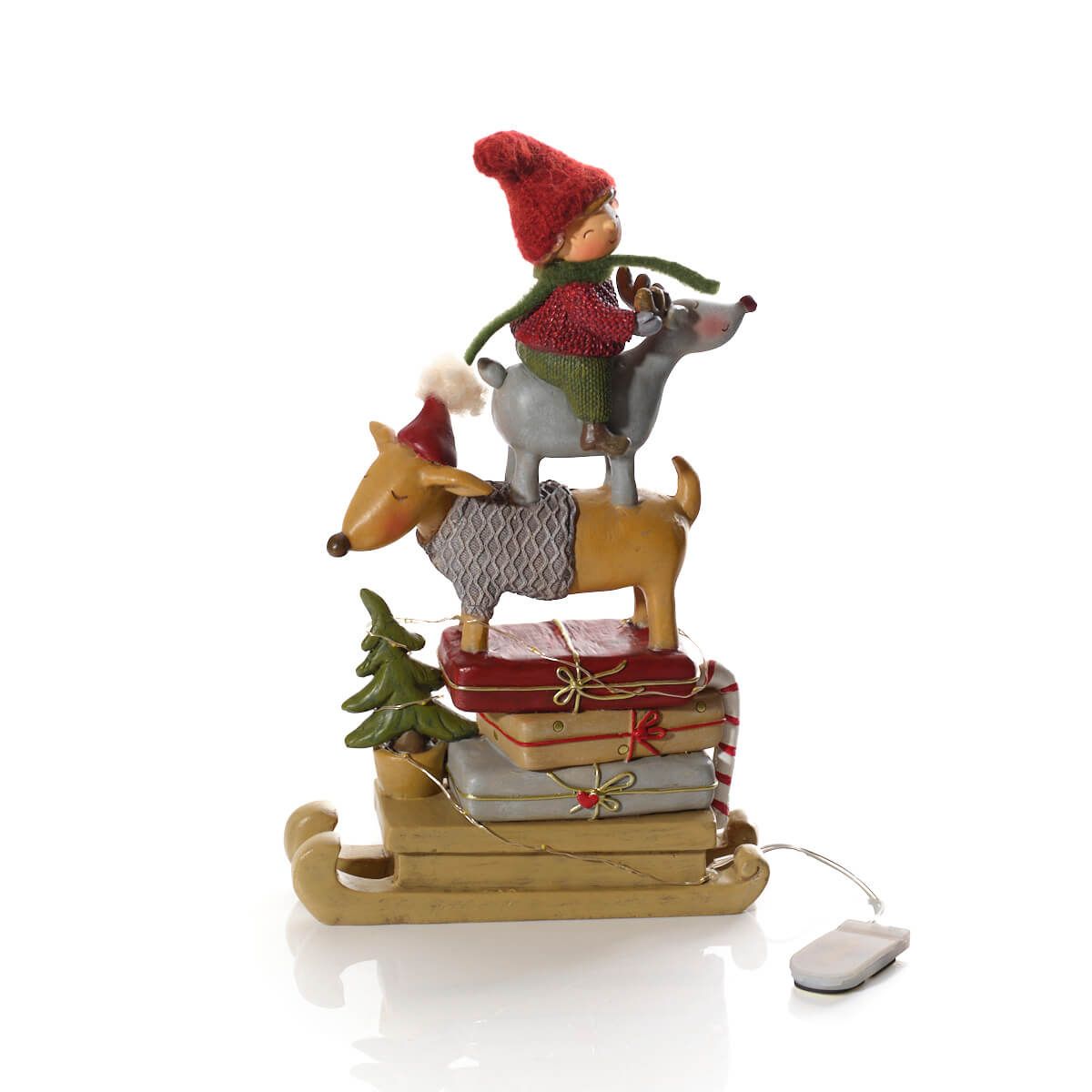 LANGS Furry & Festive LED Dog, Girl and Reindeer Stacked Figurine 26.5cm
