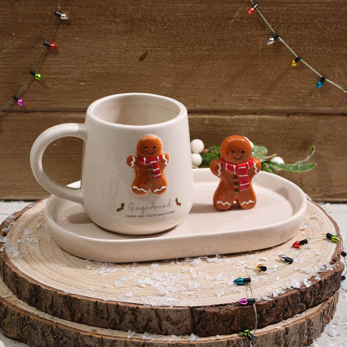 LANGS Christmas 3D Gingerbread Man Ceramic Mug and Saucer Set