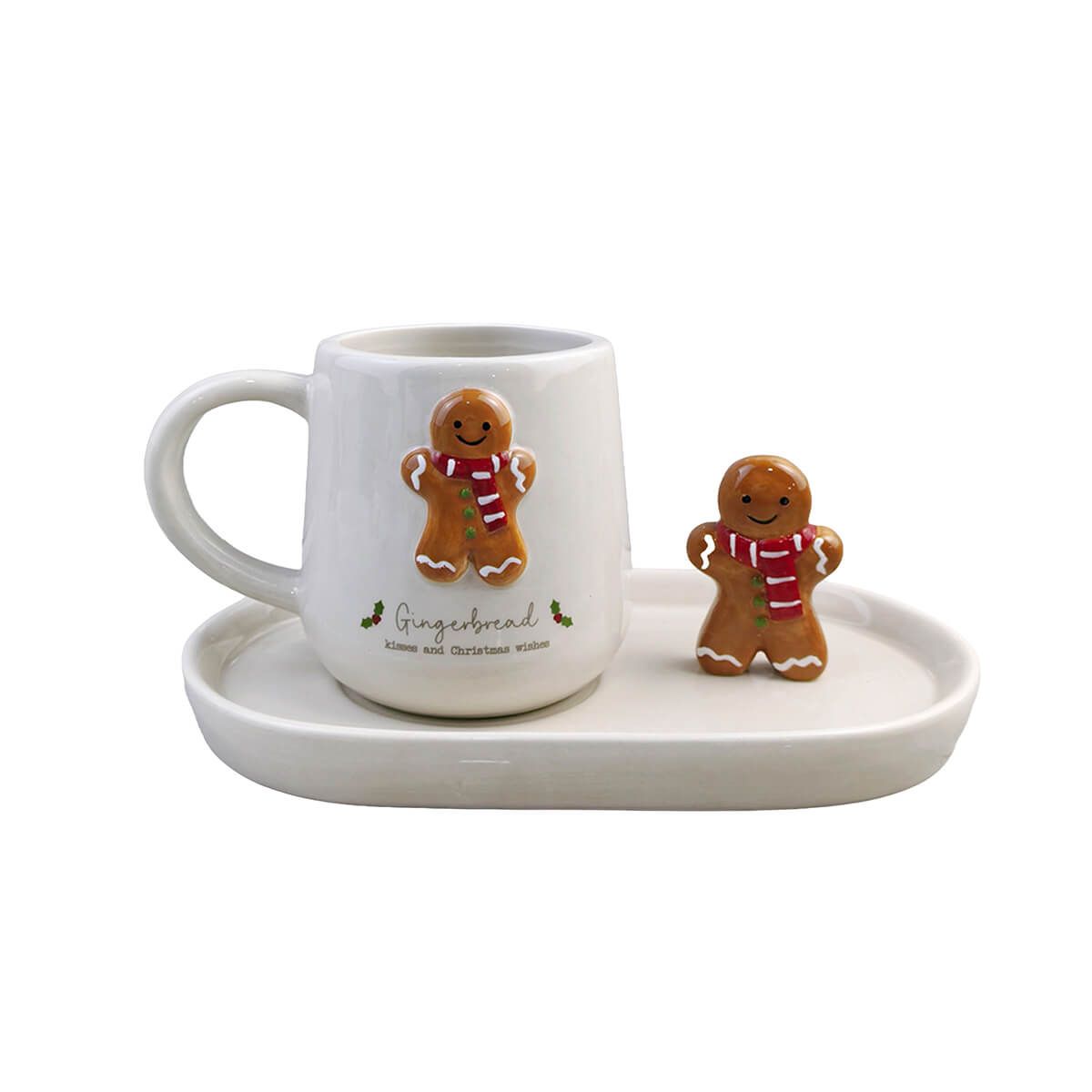 LANGS Christmas 3D Gingerbread Man Ceramic Mug and Saucer Set