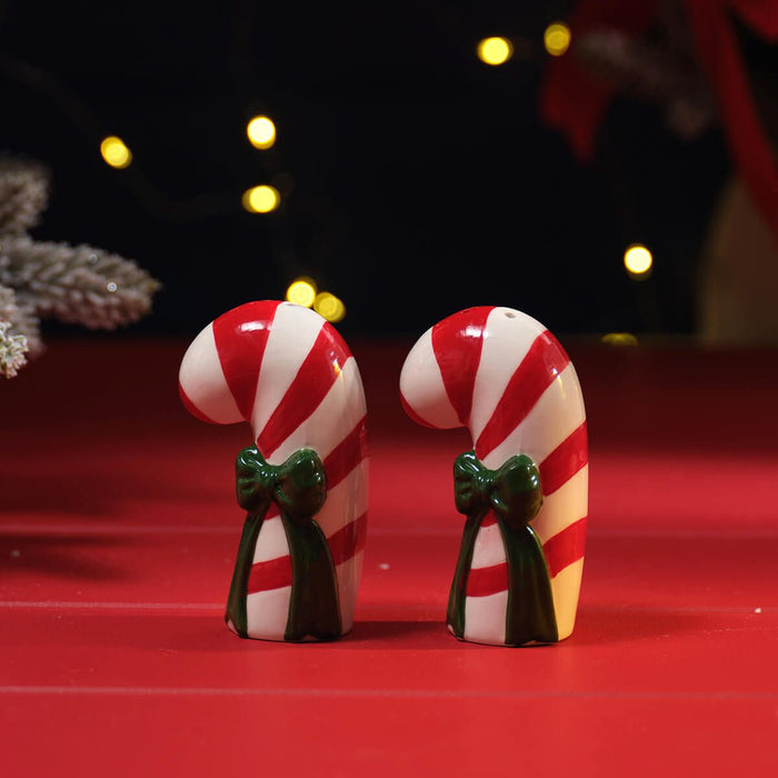 LANGS Merry Little Bows Embossed Ceramic Candy Cane Salt & Pepper Set