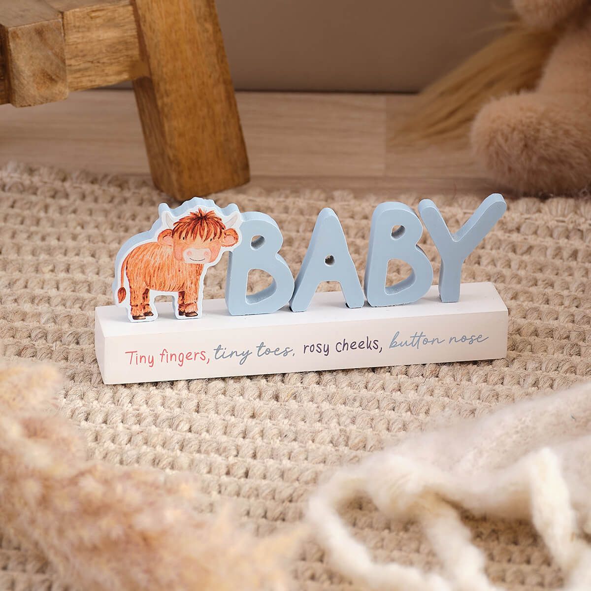 LANGS Highland Cow Wooden Baby Block 16x9.5cm - Blue