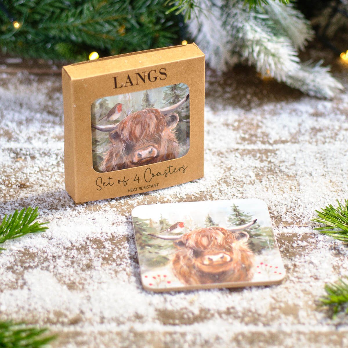 LANGS Highland Cow Scene Heat Resistant Coasters - 4 pack