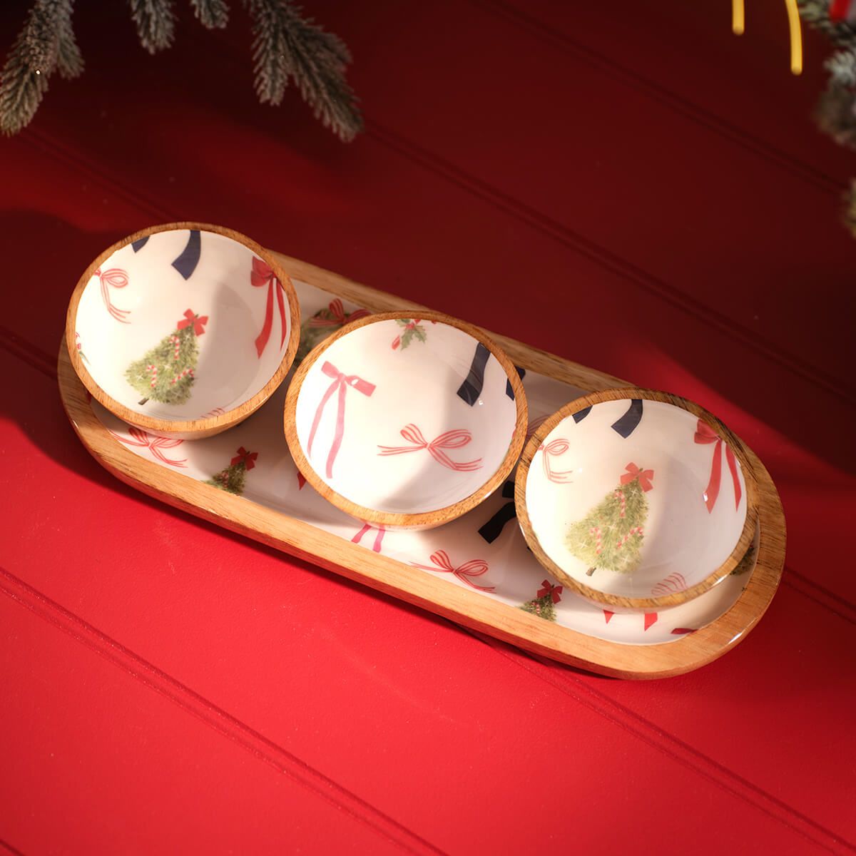 LANGS Merry Little Bows Mango Wood Tray with Snack Bowls