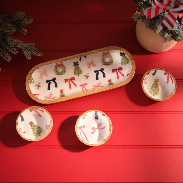 LANGS Merry Little Bows Mango Wood Tray with Snack Bowls