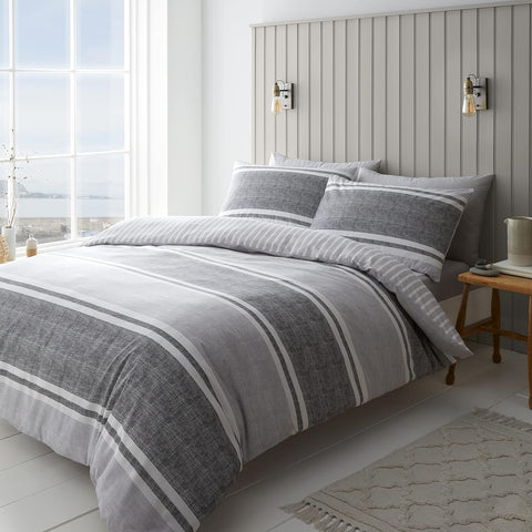 CATHERINE LANSFIELD :Textured Banded Stripe Duvet Cover Set - Grey