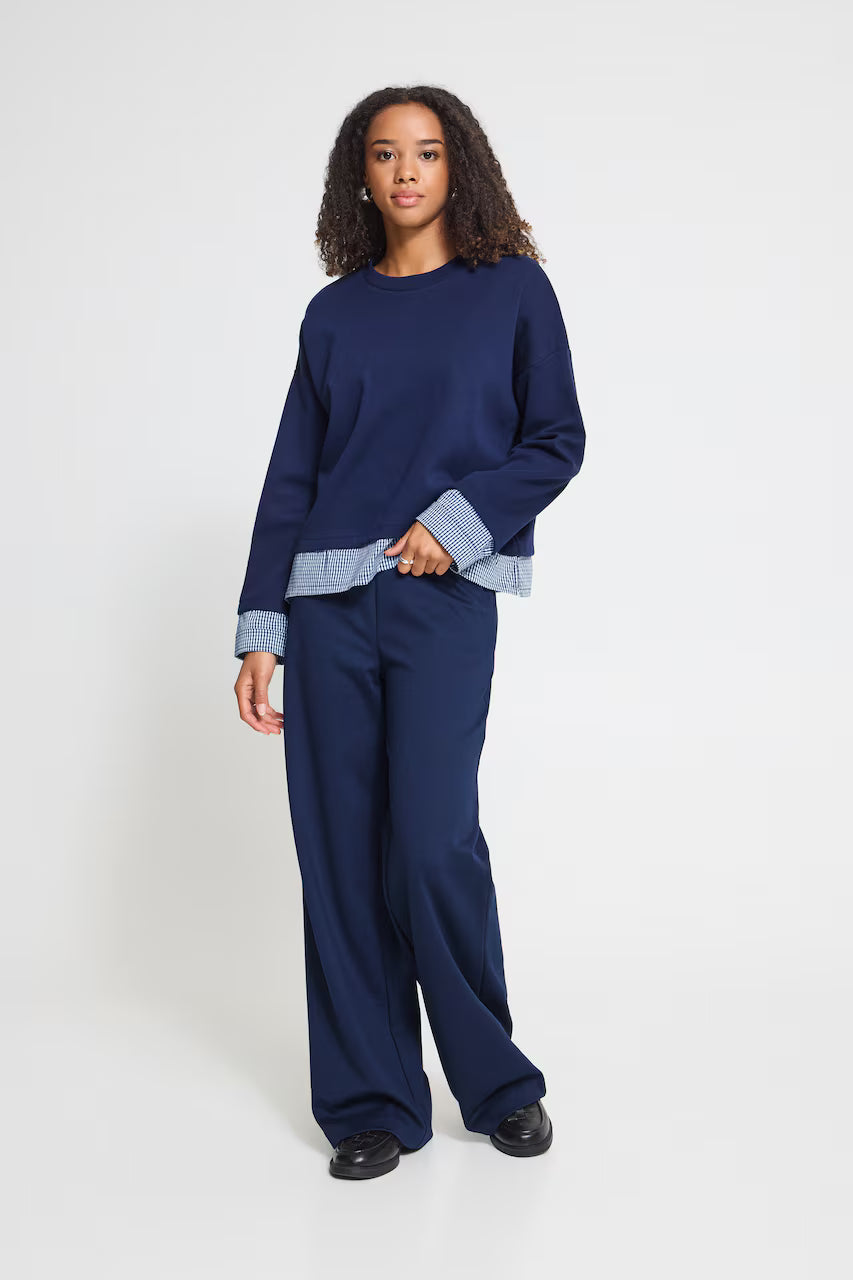ICHI Pinda Mix Gingham Trim Layered-Look Sweatshirt - Navy