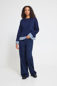 ICHI Pinda Mix Gingham Trim Layered-Look Sweatshirt - Navy
