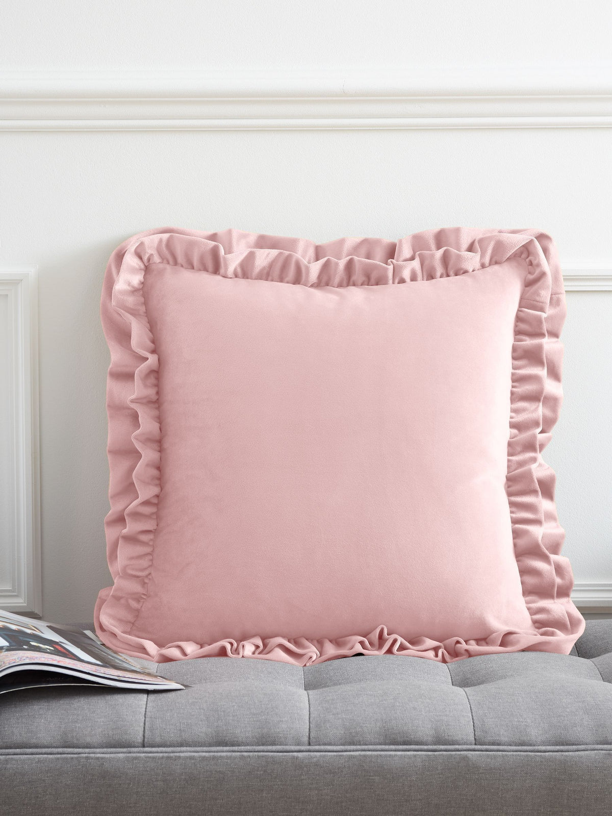 CATHERINE LANSFIELD So Soft Velvet Touch Double Frill Cushion 43x43cm - Blush