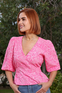 RANT & RAVE Alma Textured V-Neck Top - Pink