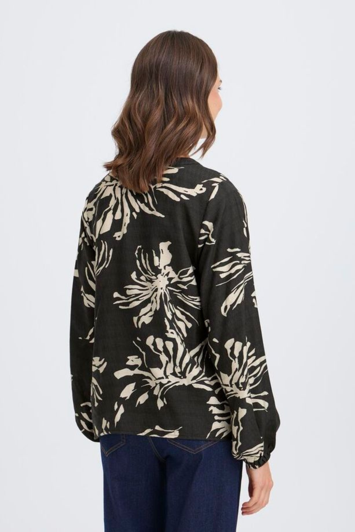 FRANSA Arianna Floral V-Neck Blouse - Black Print