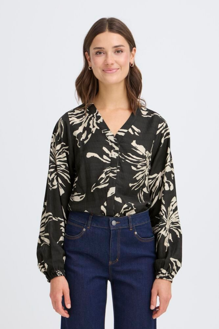 FRANSA Arianna Floral V-Neck Blouse - Black Print