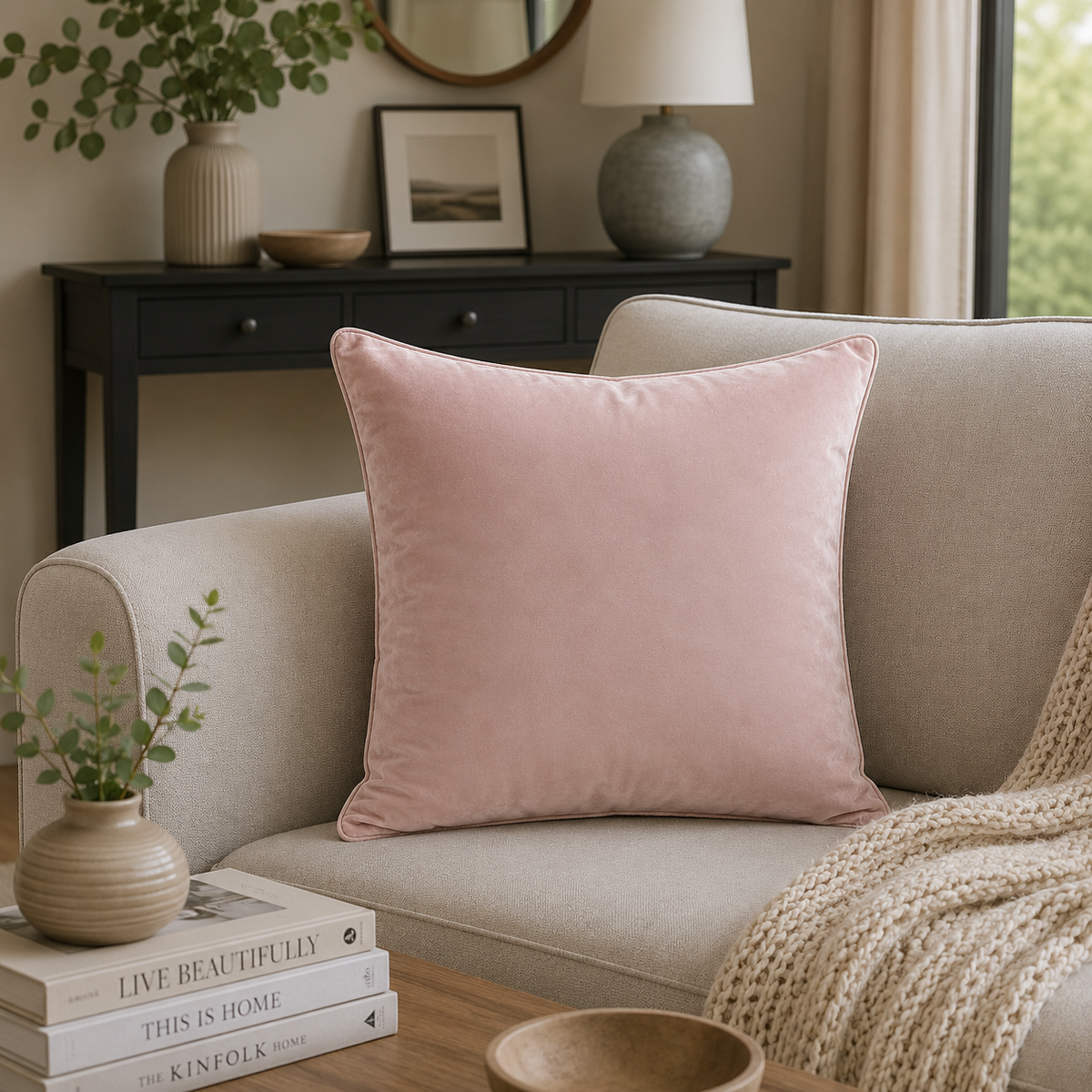 FULLSHIRE Velvet Piped Cushion - Blush Pink 43x43cm