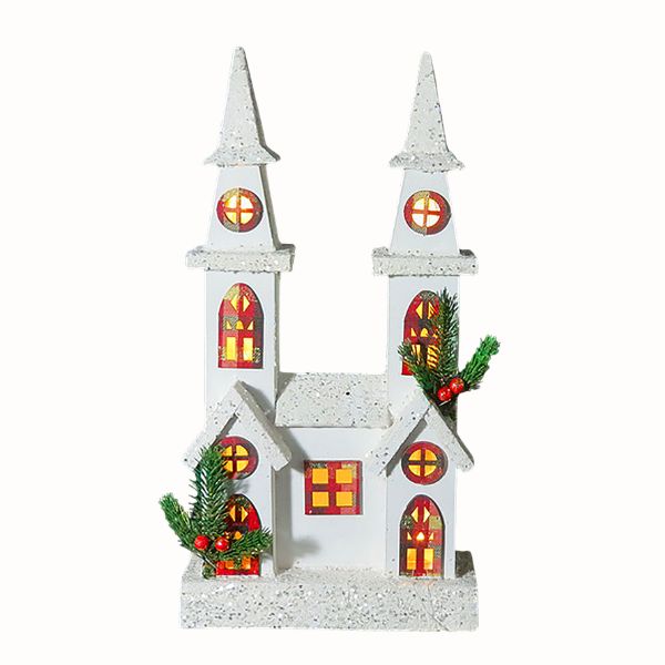 WGP White Light-Up Christmas Church with Twin Spires 21x40cm