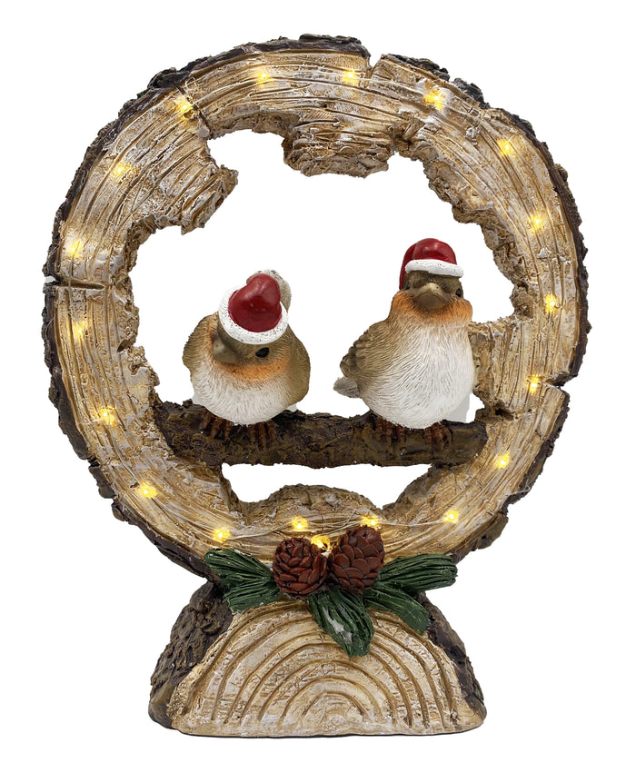WGP Robins Wearing Santa Hats on a LED Log 24cm