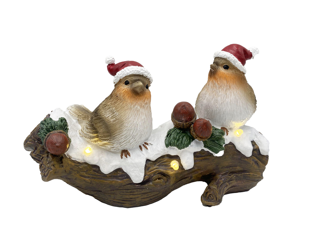 WGP Robins with Santa's Hat on Oak Log LED Figurine 14x23.5cm