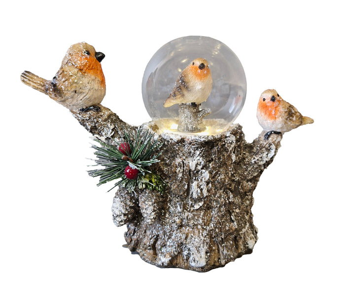 WGP Robins on Tree Stump with Globe LED Figurine 22.5cm