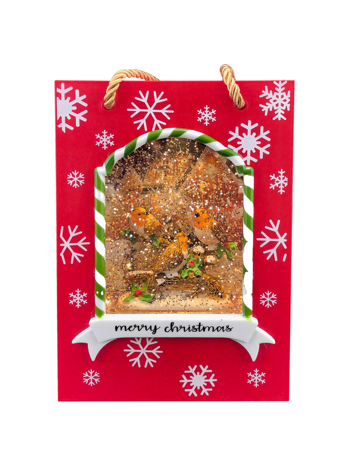 WGP Christmas Robins Gift Bag Glitter Water Spinner 22cm