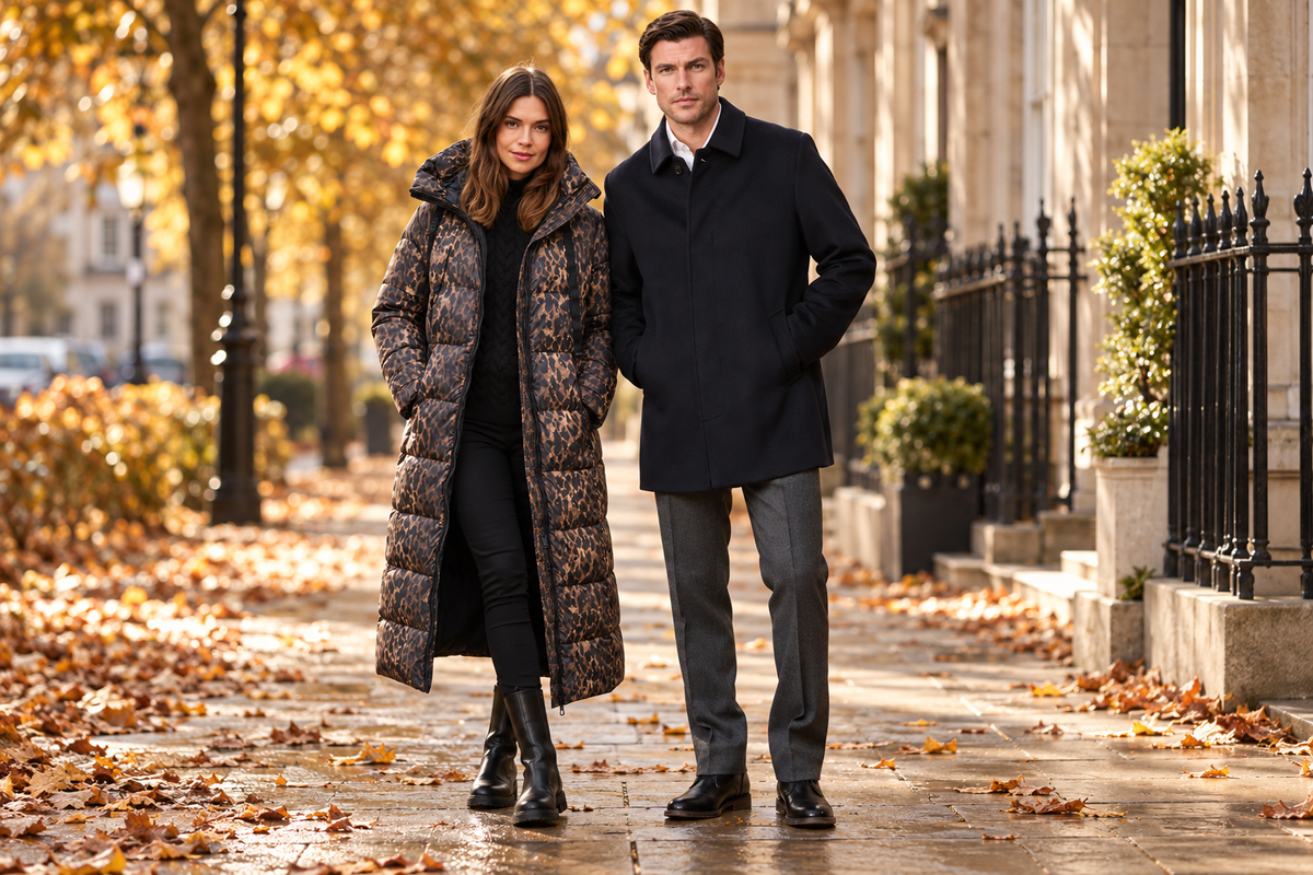 Woman in a leopard-print padded coat and man in a navy coat on an autumn city street