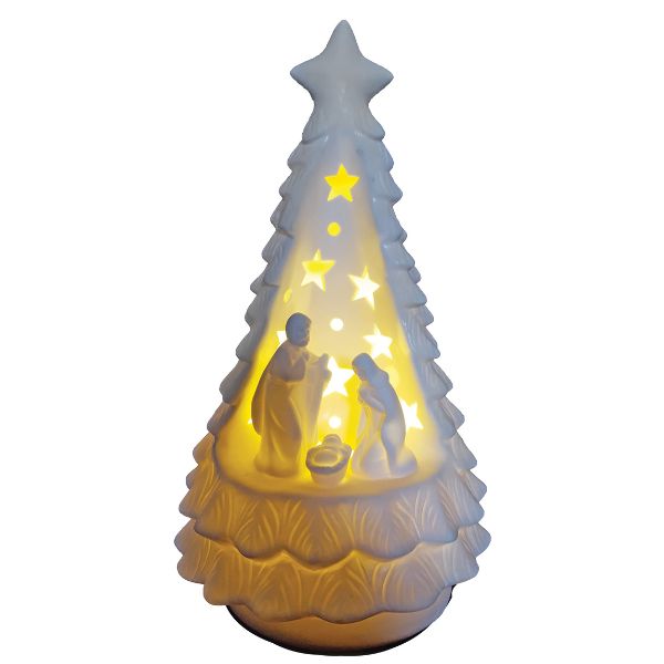 WGP White Ceramic LED Christmas Tree Nativity Scene 26.5cm