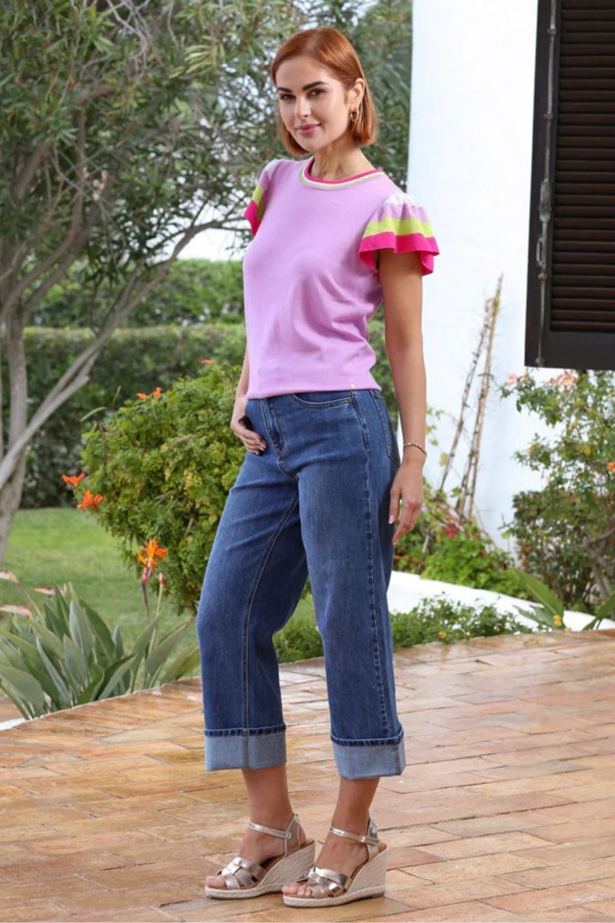 RANT & RAVE Claire Turn-up Wide Leg Jeans - Mid Wash