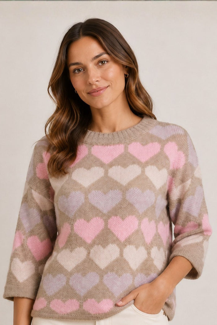 HAILYS Sanna 3/4 Sleeve Heart Jumper - Taupe