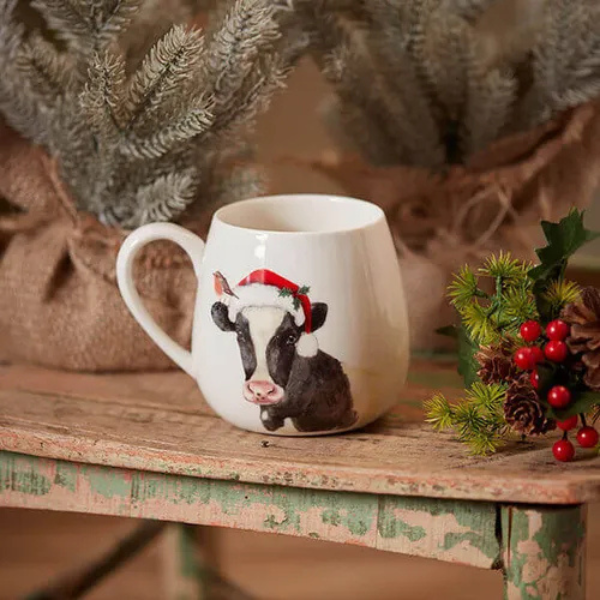 LANGS Christmas Friesian Cow Mug With Robin & Santa Hat White