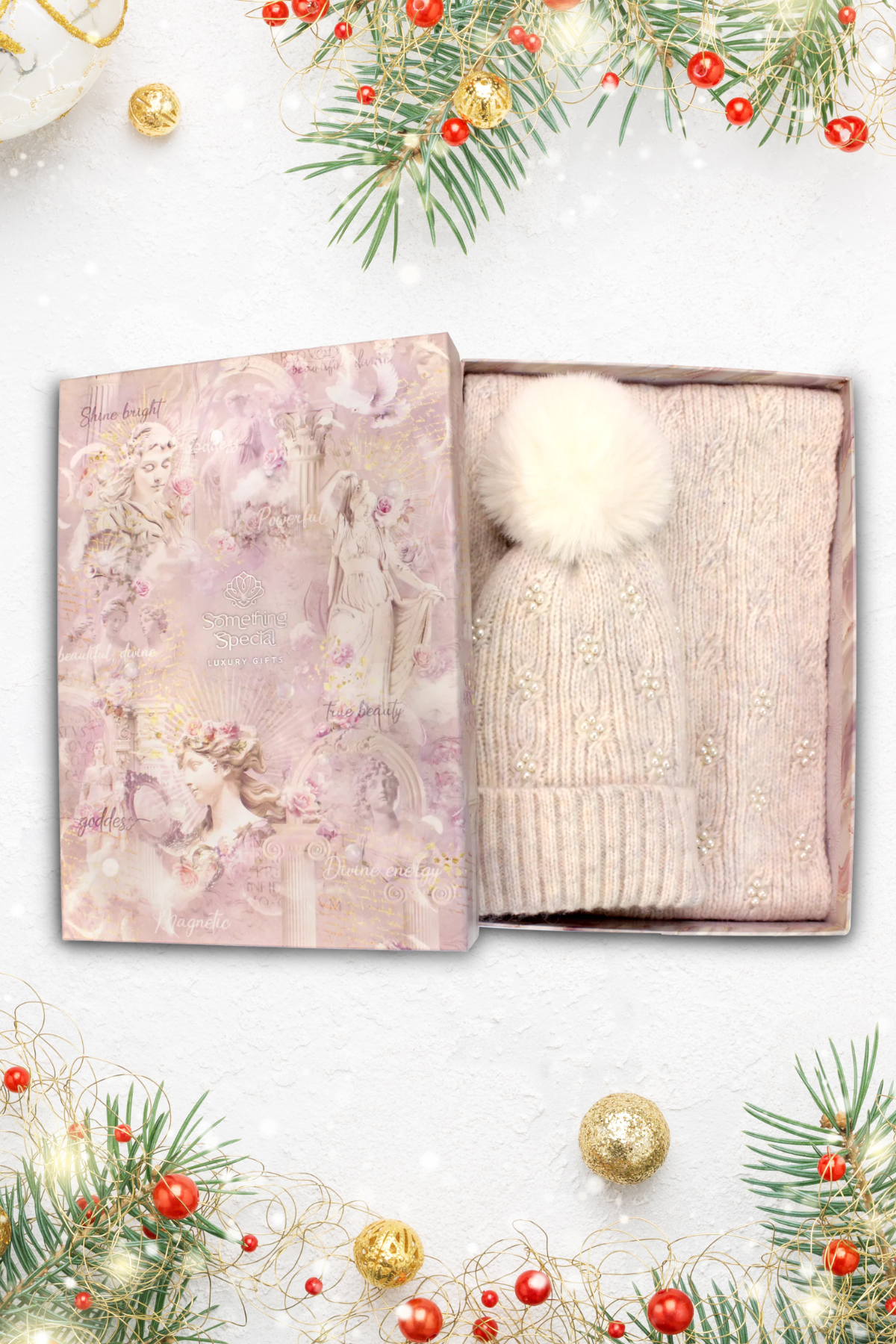 SOMETHING SPECIAL Pearl Knit Hat & Scarf Luxury Gift Box - Beige