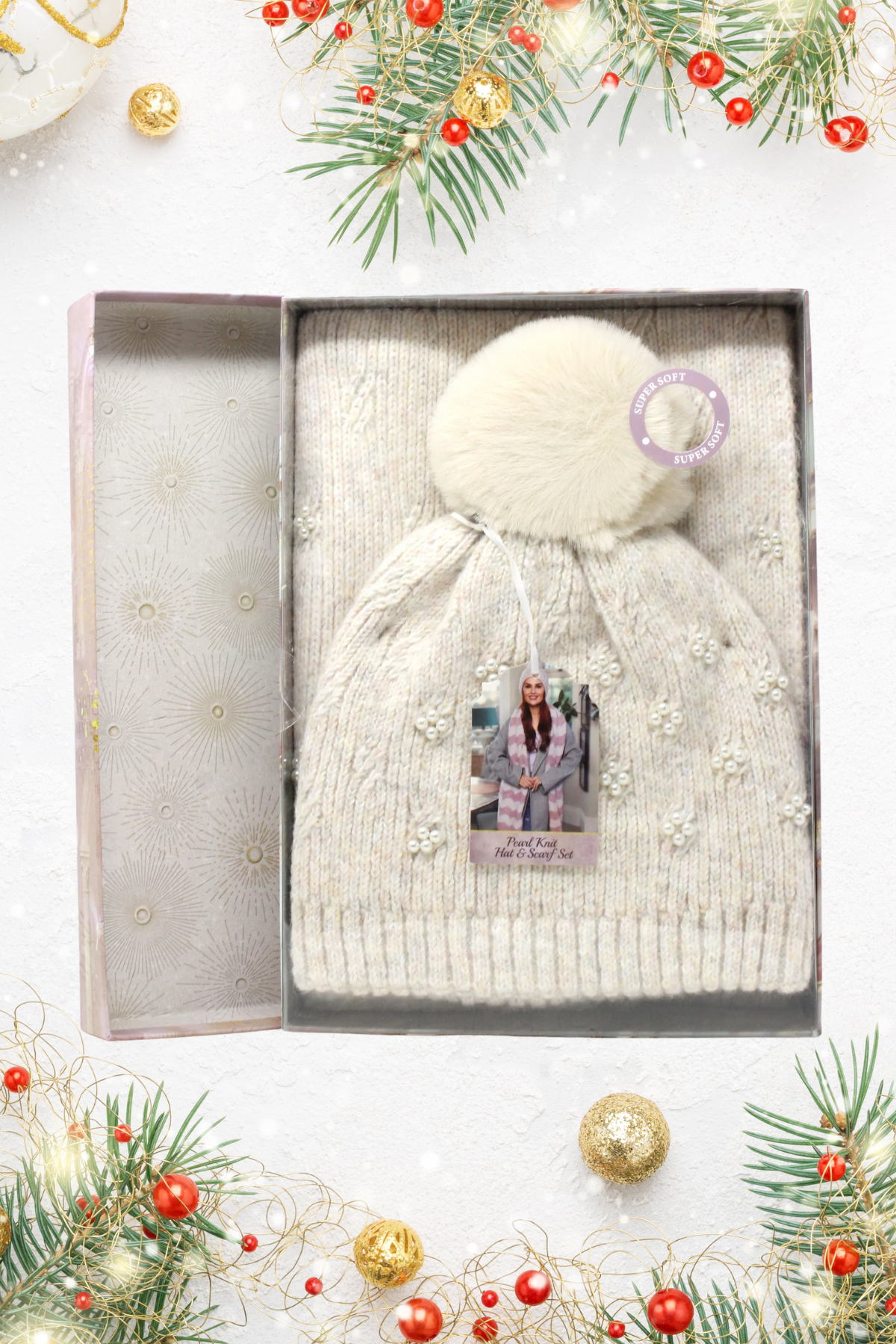 SOMETHING SPECIAL Pearl Knit Hat & Scarf Luxury Gift Box - Beige