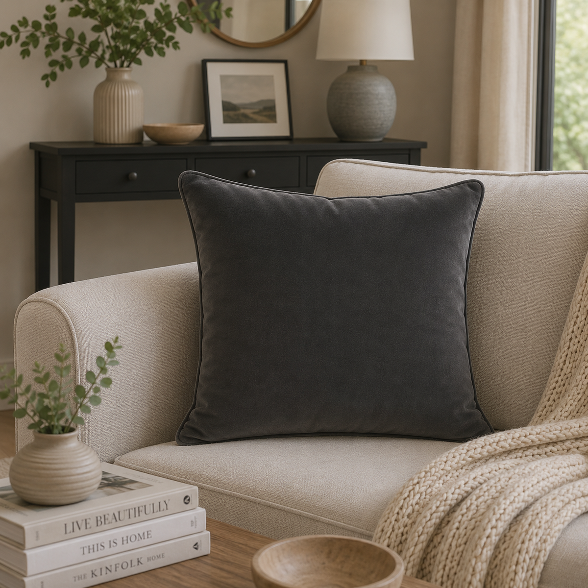 FULLSHIRE Velvet Piped Cushion - Charcoal 43x43cm