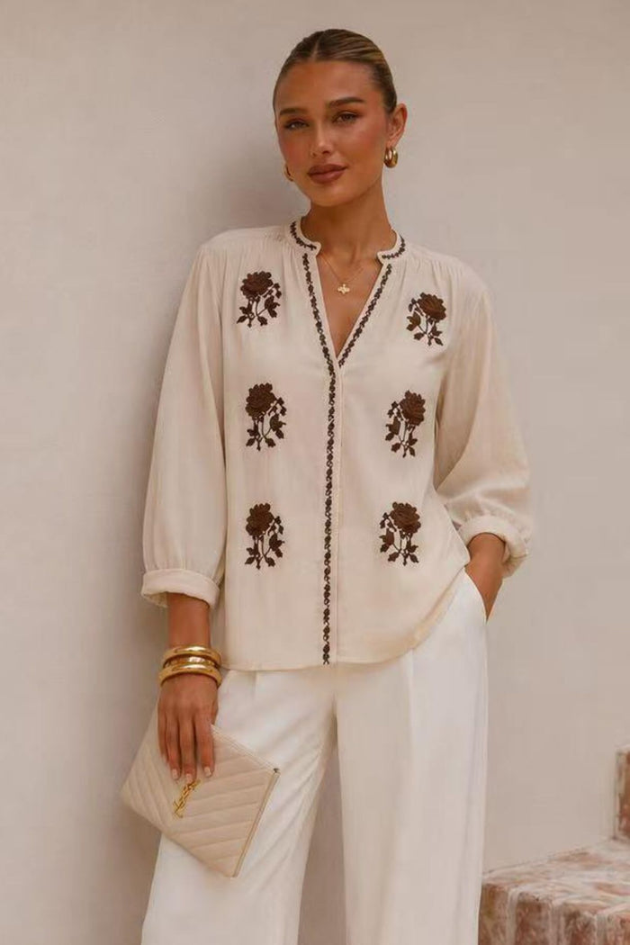 COPE CLOTHING Floral V-Neck Blouse - Beige