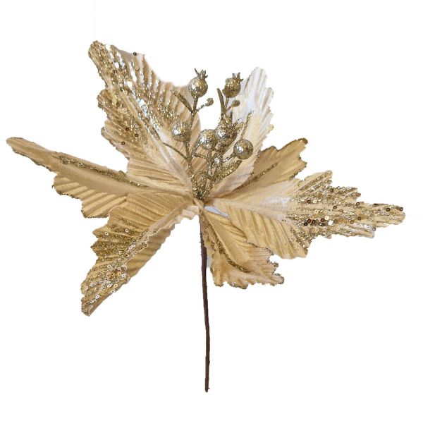 WGP Champagne Gold Glitter Poinsettia Christmas Pick 36cm