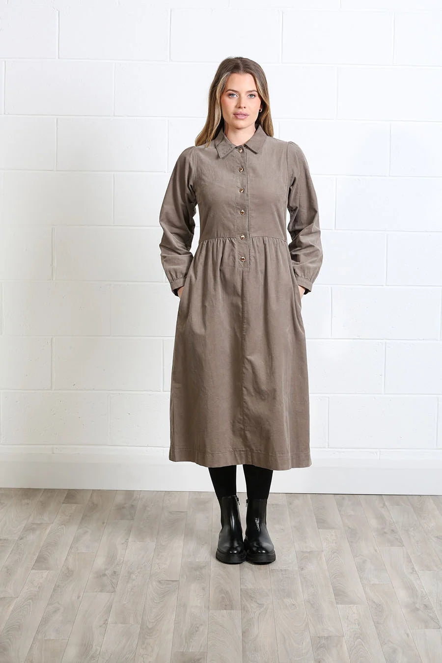 RANT & RAVE Hazel Corduroy Midi Shirt Dress – Taupe