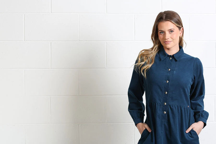 RANT & RAVE Hazel Corduroy Midi Shirt Dress – Teal