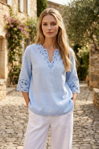 COPE CLOTHING Flowy Embroidered Linen Blouse - Blue