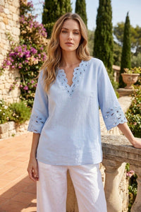 COPE CLOTHING Flowy Embroidered Linen Blouse - Blue